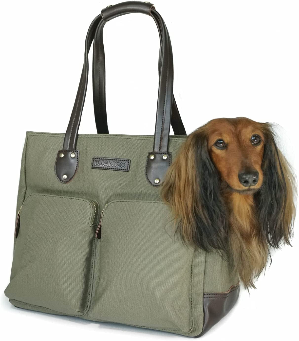 DJANGO Dog Carrier Bag - Waxed Canvas and Leather Soft-Sided Pet Travel Tote with Bag-To-Harness Safety Tether & Secure Zipper Pockets (Medium, Navy Blue) Animals & Pet Supplies > Pet Supplies > Dog Supplies > Dog Apparel DJANGO Olive Green Large 