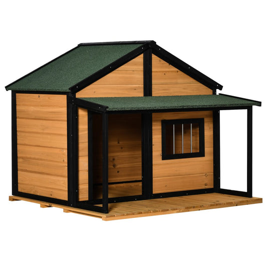 Pawhut Wooden Dog House Outdoor, Cabin Style Raised Pet Home Cottage, with Deck Porch, Weather Resistant Roof, Window, for Medium, Large Sized Dog Animals & Pet Supplies > Pet Supplies > Dog Supplies > Dog Houses Aosom LLC Yellow  