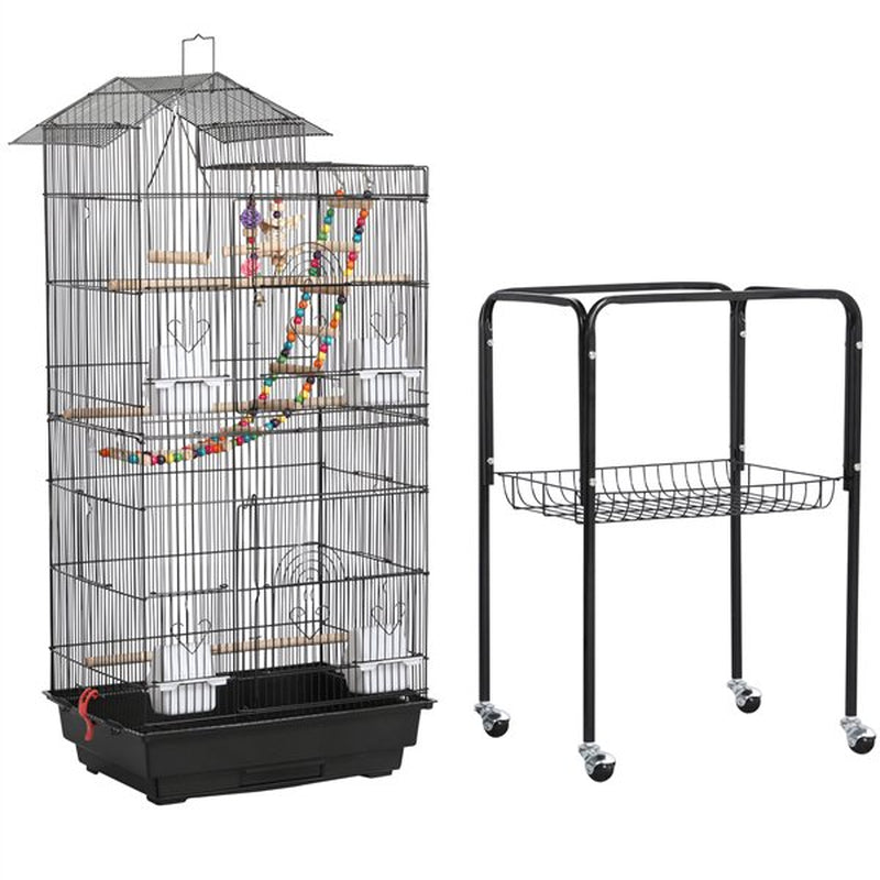 Topeakmart 62.4'' H Rolling Metal Bird Cage with Detachable Stand & Toys, Black Animals & Pet Supplies > Pet Supplies > Bird Supplies > Bird Cages & Stands Topeakmart   