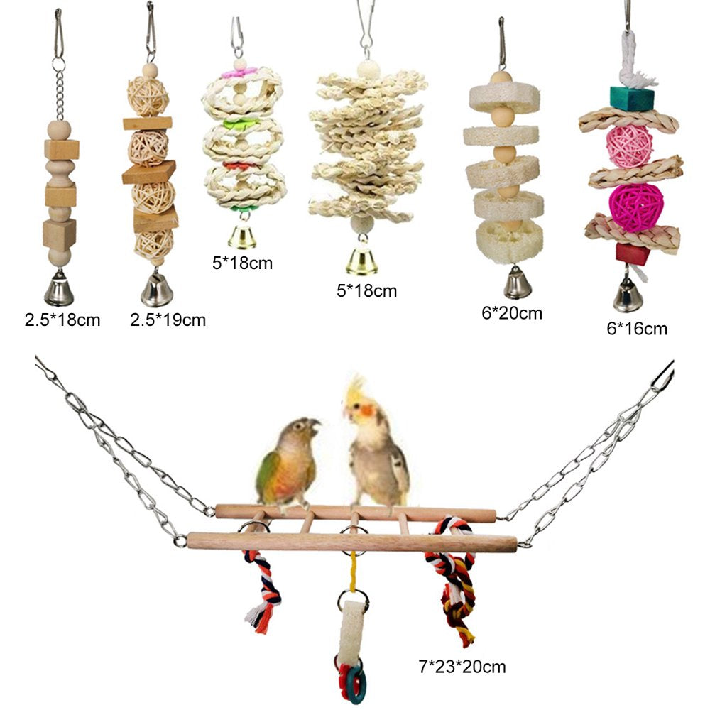 Bangcool 7PCS Bird Toy Set Hanging Wood Parrot Perch Finch Ladder Bird Chew Toy with Bell Animals & Pet Supplies > Pet Supplies > Bird Supplies > Bird Ladders & Perches Bangcool   