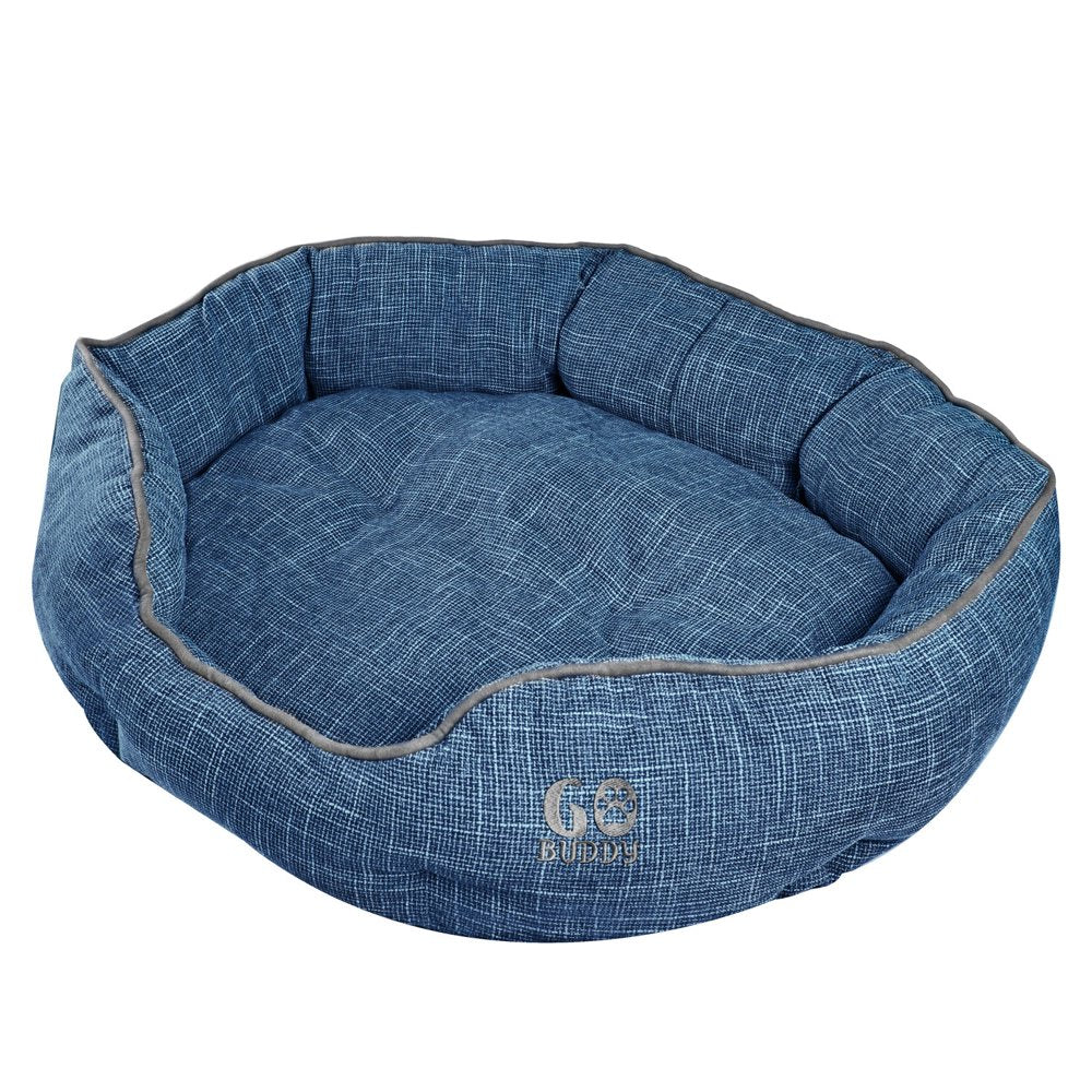 GOBUDDY round Pet Bed for Cats & Dogs - Ultra Soft & Comfortable Cuddler Pet Bed - Reversible Removable Linen Cushion Prevents Overheating - Improves Sleep for Small, Medium & Large Animals Animals & Pet Supplies > Pet Supplies > Cat Supplies > Cat Beds GOBUDDY L Blue 