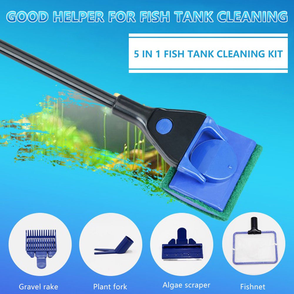 Rnlawks 5 in 1 Fish Tank Aquarium Cleaning Tool Glass Brush Plant Fork Algae Scraper Fishnet Cleaner Kit