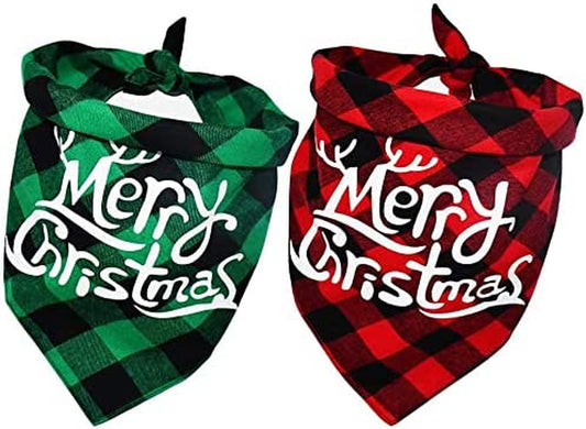 Yoochee 2 Pack Dog Christmas Bandana, Classical Buffalo Plaid Pet Bandana, Reversible Scarf Triangle Bibs Kerchief Set (2 Pack, Red&Green, Merry Chrismas Pattern) Animals & Pet Supplies > Pet Supplies > Dog Supplies > Dog Apparel Yodofol   