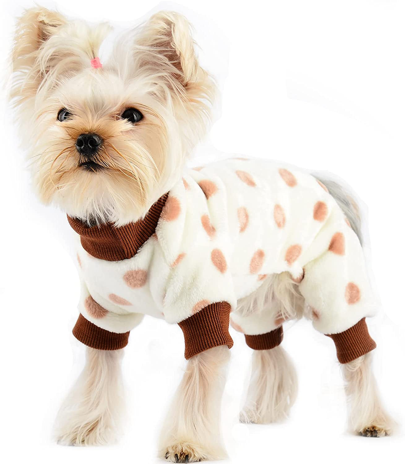 Chihuahua Pajamas for Dogs Small Puppy Pjs Fleece Winter Warm Dog Jumpsuit Cute Pet Clothes Tiny Dog Sweater Clothing Yorkie Teacup Outfits (X-Small) Animals & Pet Supplies > Pet Supplies > Dog Supplies > Dog Apparel Sebaoyu Polka dot beige Medium/(4.4-6.6 lb) 