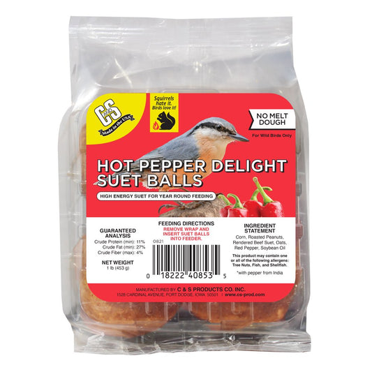 C&S Hot Pepper Delight Suet Balls, No Melt, 1 Lb, Bird Food Animals & Pet Supplies > Pet Supplies > Bird Supplies > Bird Food Central Garden and Pet   