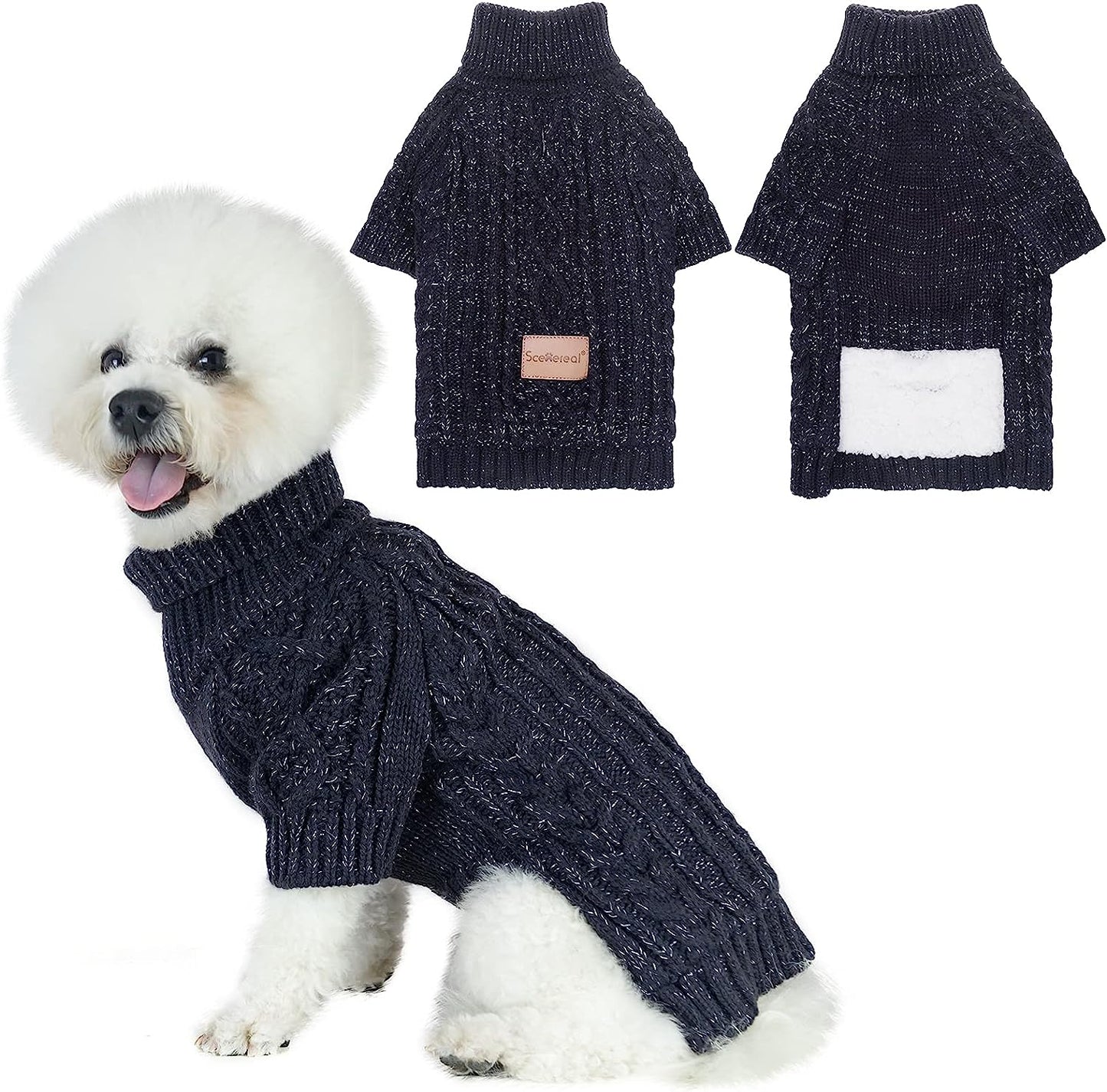 SCENEREAL Dog Sweater with Leash Hole - Cable Knit Turtleneck Dog Sweaters for Small Medium Dog Puppy - Dog Cold Weather Coats Sweatshirts for Fall Winter to Keep Warm Animals & Pet Supplies > Pet Supplies > Dog Supplies > Dog Apparel SCENEREAL Navy Blue Small/Medium 