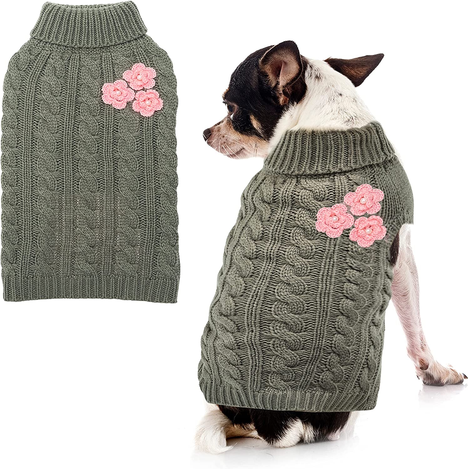 ALUZAEMO Small Dog Sweater - Cute Flower Winter Fall Warm Small Dog Clothes - Cold Weather Turtleneck Knitwear Sweaters Cozy Pet Outfits for Small Dog, Cats, Puppy (XS) Animals & Pet Supplies > Pet Supplies > Dog Supplies > Dog Apparel ALUZAEMO XXS:neck:9"-10" chest:13"-15"  