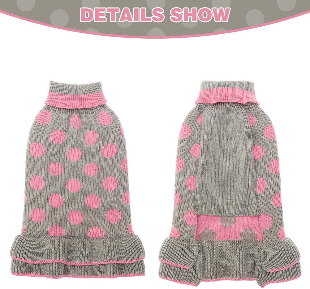 EXPAWLORER Dog Sweater for Small Dogs - Dog Winter Clothes with Leash Hole, Warm Polka Dot Turtleneck Knitwear Skirt for Puppy, Dog Winter Coat Apparel for Girl Dogs Animals & Pet Supplies > Pet Supplies > Dog Supplies > Dog Apparel EXPAWLORER   