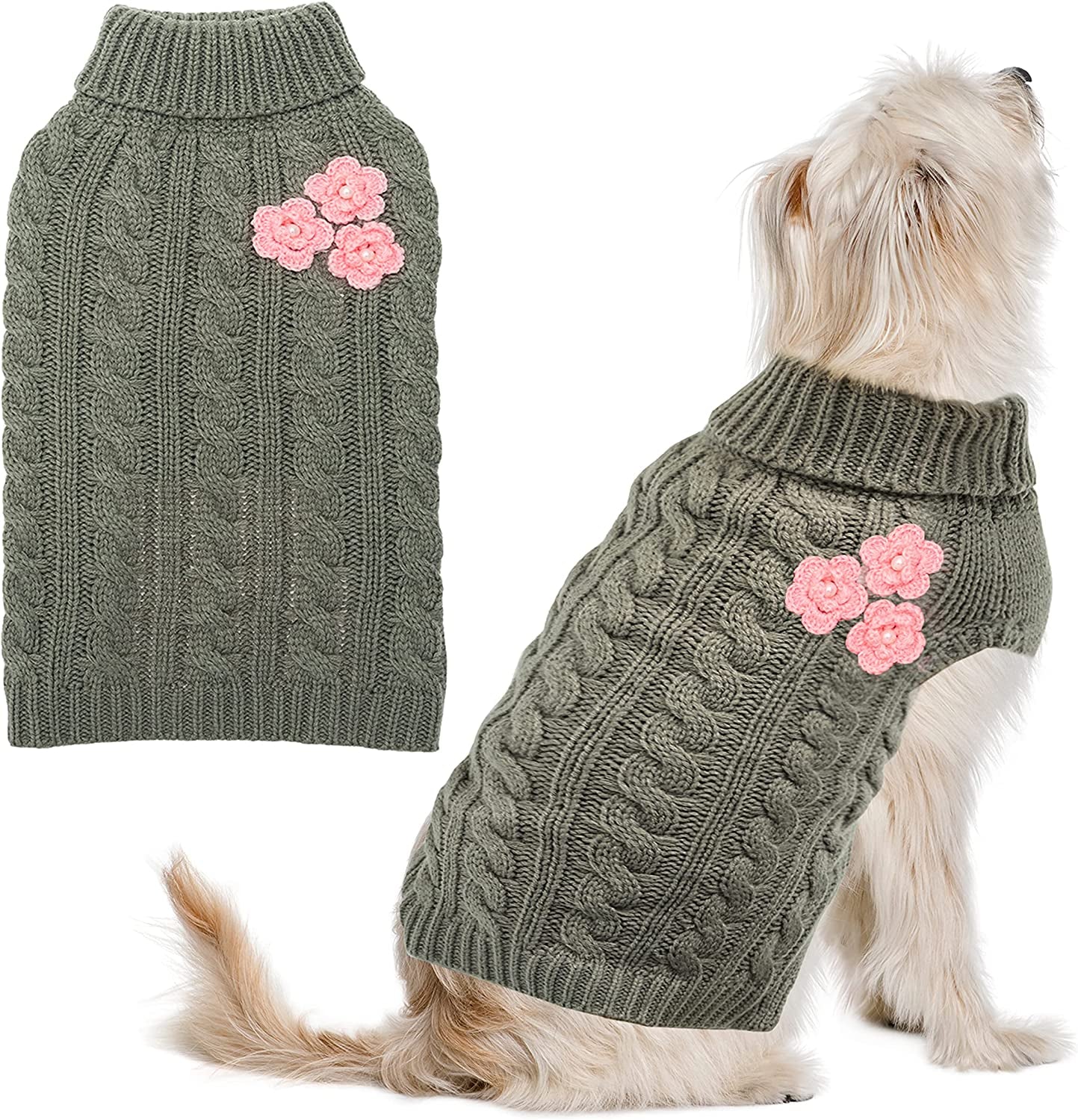 ALUZAEMO Small Dog Sweater - Cute Flower Winter Fall Warm Small Dog Clothes - Cold Weather Turtleneck Knitwear Sweaters Cozy Pet Outfits for Small Dog, Cats, Puppy (XS) Animals & Pet Supplies > Pet Supplies > Dog Supplies > Dog Apparel ALUZAEMO S:neck:12"-14" chest:17"-20"  