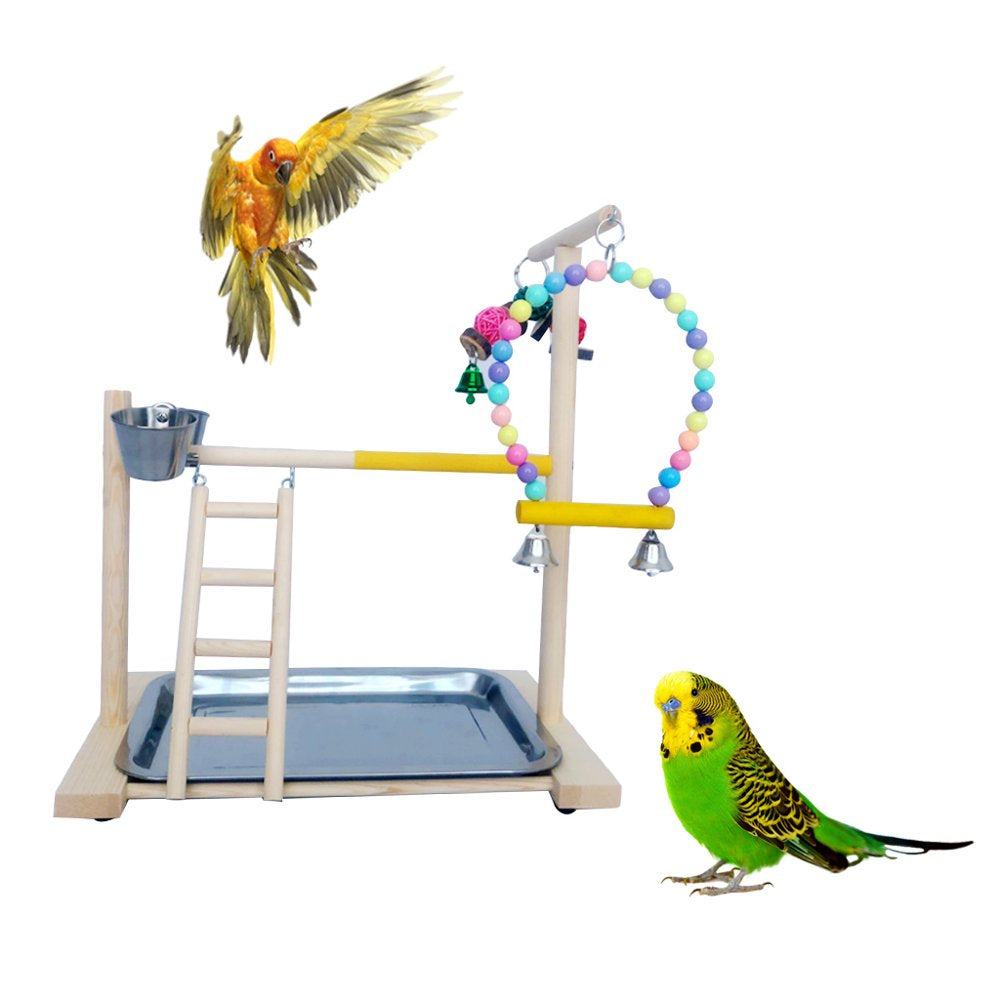 Sardfxul Wooden Bird Perch Stand Parrot Platform Playground Exercise Gym Playstand Ladder Toys with Feeder Cups Stainless Steel Tray Cage Decoration Animals & Pet Supplies > Pet Supplies > Bird Supplies > Bird Gyms & Playstands Sardfxul   
