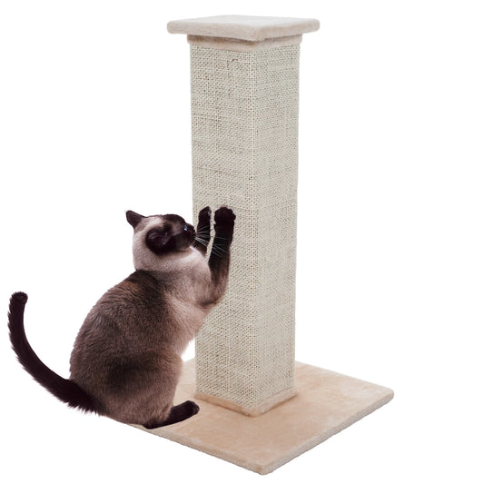 Cat Scratching Post with Carpeted Base – 27.75-Inch Sisal Burlap Fabric Scratcher – Furniture Scratching Deterrent for Indoor Cats by Petmaker (Beige) Animals & Pet Supplies > Pet Supplies > Cat Supplies > Cat Furniture Trademark Global LLC   