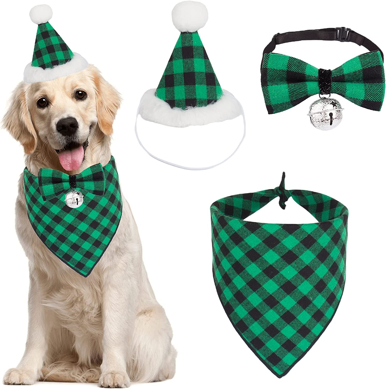 ADOGGYGO Christmas Dog Bandana Hat Bow Tie Set - Classic Plaid Pet Scarf Triangle Bibs Dog Christmas Costume Decoration Accessories for Small Medium Dogs Cats Pets (Large, Red) Animals & Pet Supplies > Pet Supplies > Dog Supplies > Dog Apparel ADOGGYGO Green Large 