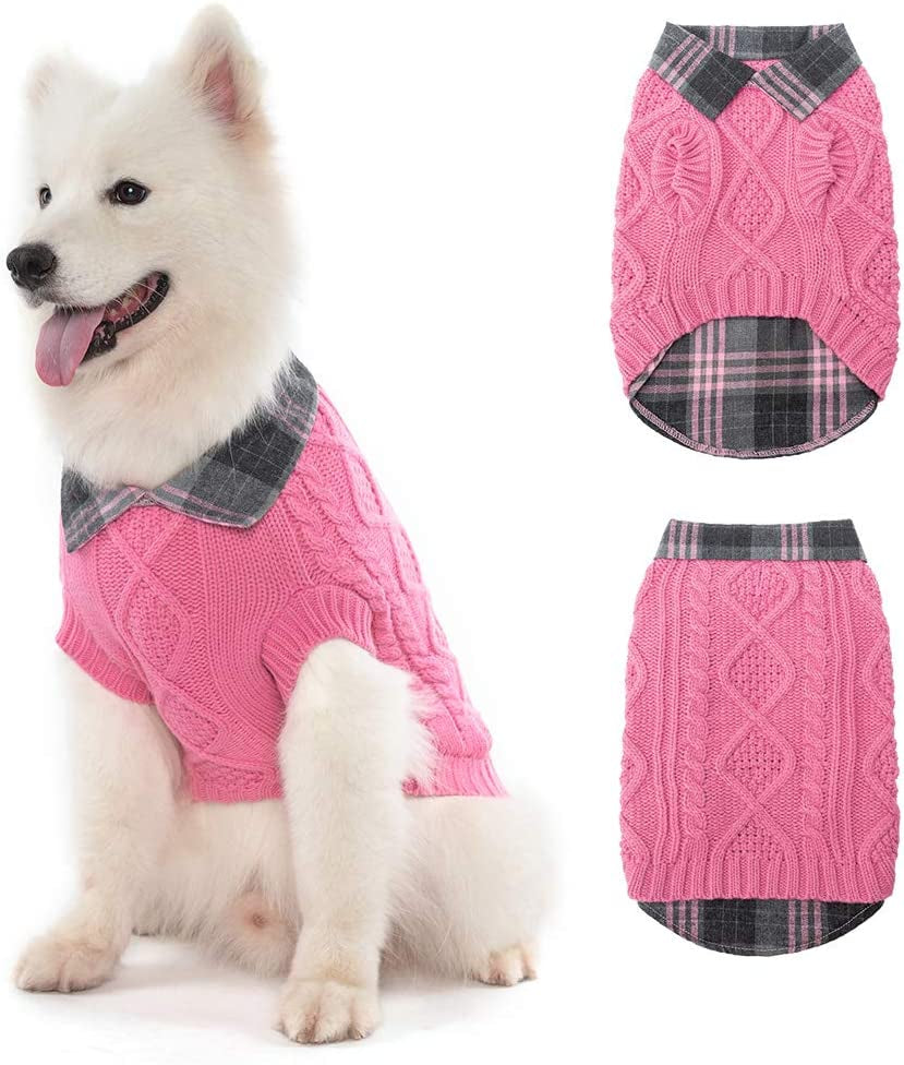 Warm Dog Sweater Winter Clothes - Plaid Patchwork Pet Doggy Knitted Sweaters Comfortable Coats for Cold Weather, Fit for Small Medium Large Dogs Animals & Pet Supplies > Pet Supplies > Dog Supplies > Dog Apparel Homimp Pink Large 