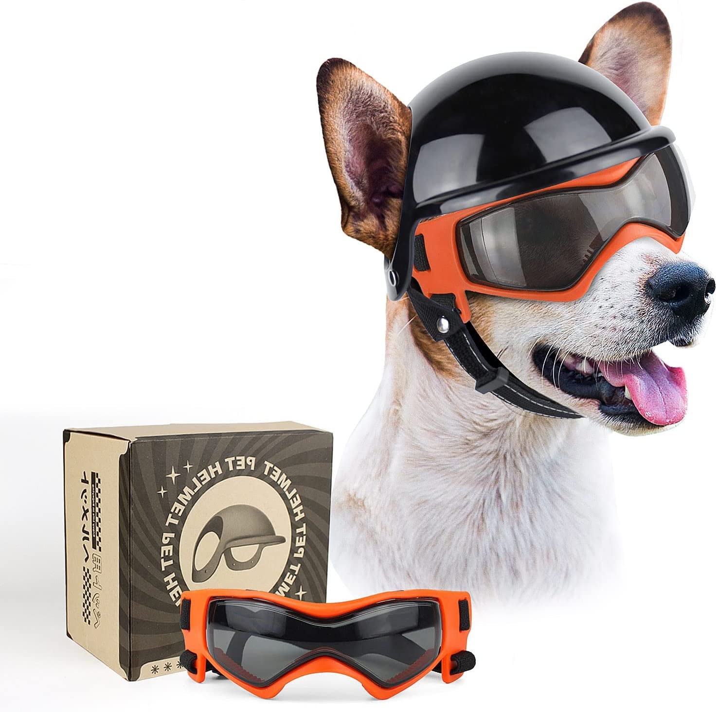 PETLESO Dog Goggles for Small Dogs with Helmet, 2Pcs Dog Sunglasses and Hemet Set for Small Medium Dog Outdoor Driving Walking, Black Animals & Pet Supplies > Pet Supplies > Dog Supplies > Dog Apparel PETLESO Orange  