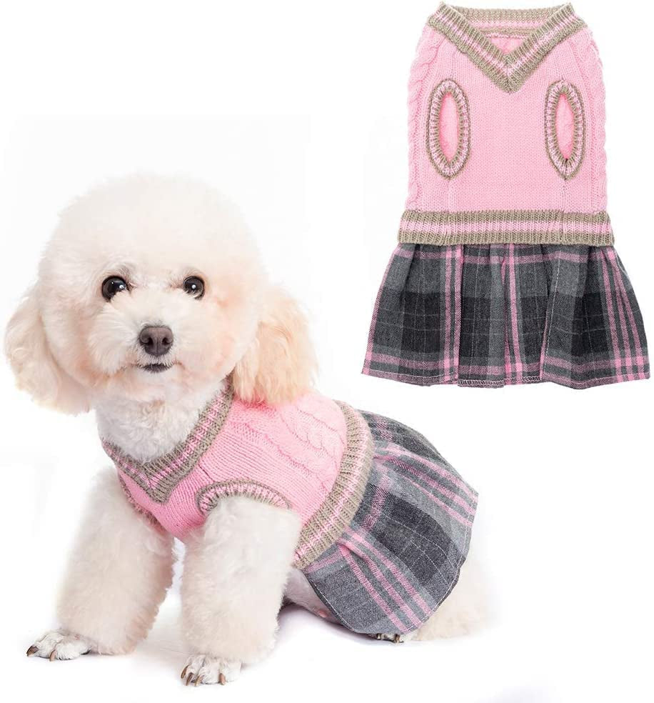 BINGPET Dog Sweater Dress - Plaid Pattern - Warm Pullover with Leash Hole V-Neck Knitwear Pet Sweater Cat Knitted Dress One-Piece Dress for Small to Medium Dog and Cat Animals & Pet Supplies > Pet Supplies > Dog Supplies > Dog Apparel BINGPET Pink Small-Medium 