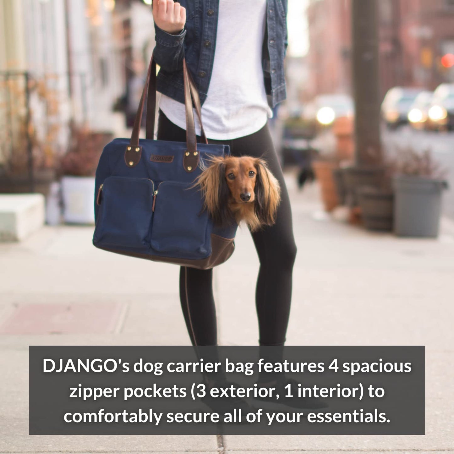 DJANGO Dog Carrier Bag - Waxed Canvas and Leather Soft-Sided Pet Travel Tote with Bag-To-Harness Safety Tether & Secure Zipper Pockets (Medium, Navy Blue) Animals & Pet Supplies > Pet Supplies > Dog Supplies > Dog Apparel DJANGO   