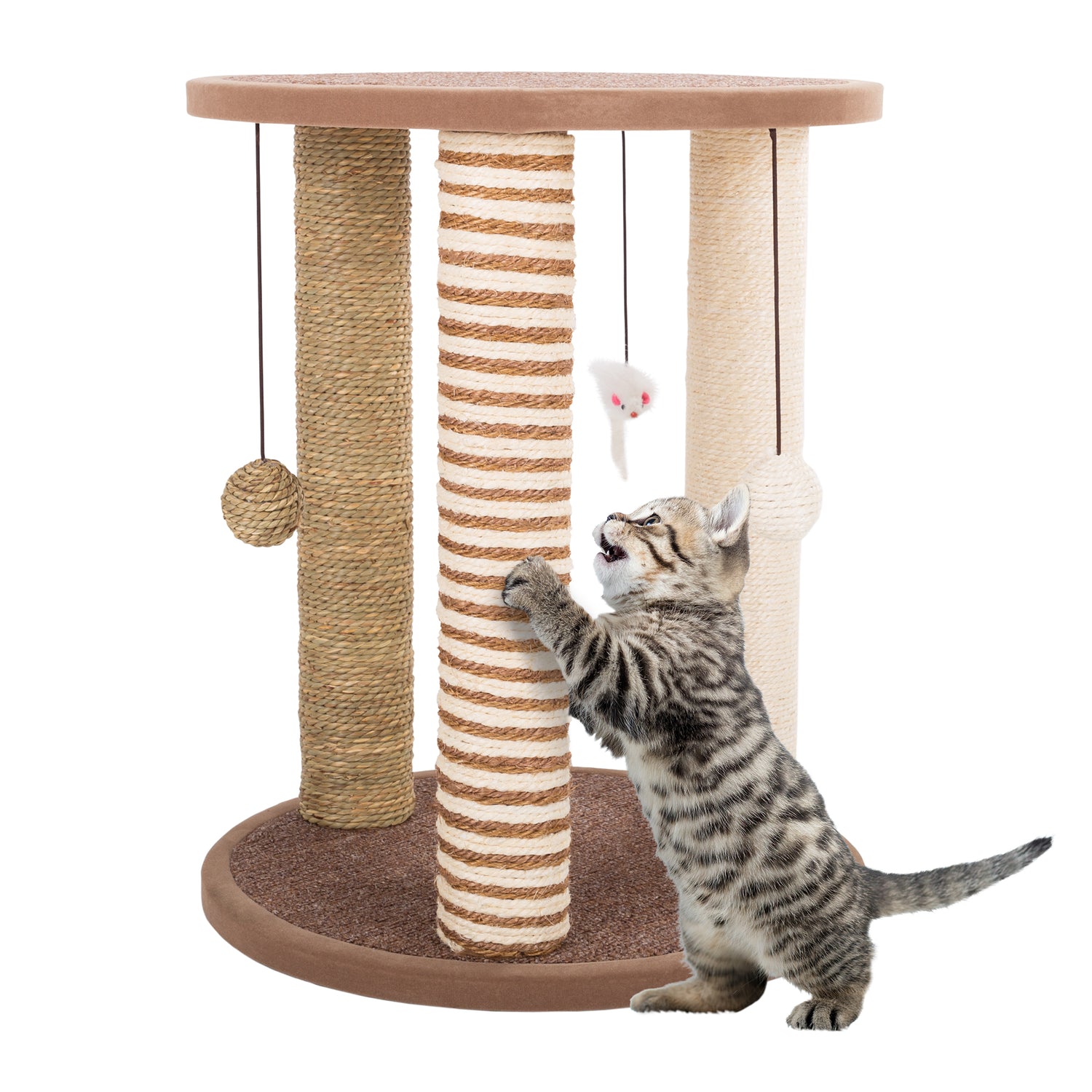 Cat Scratching Post – 3 Scratcher Posts with Carpeted Base Play Area and Perch – Furniture Scratching Deterrent for Indoor Cats by PETMAKER (Brown) Animals & Pet Supplies > Pet Supplies > Cat Supplies > Cat Furniture Trademark Global   