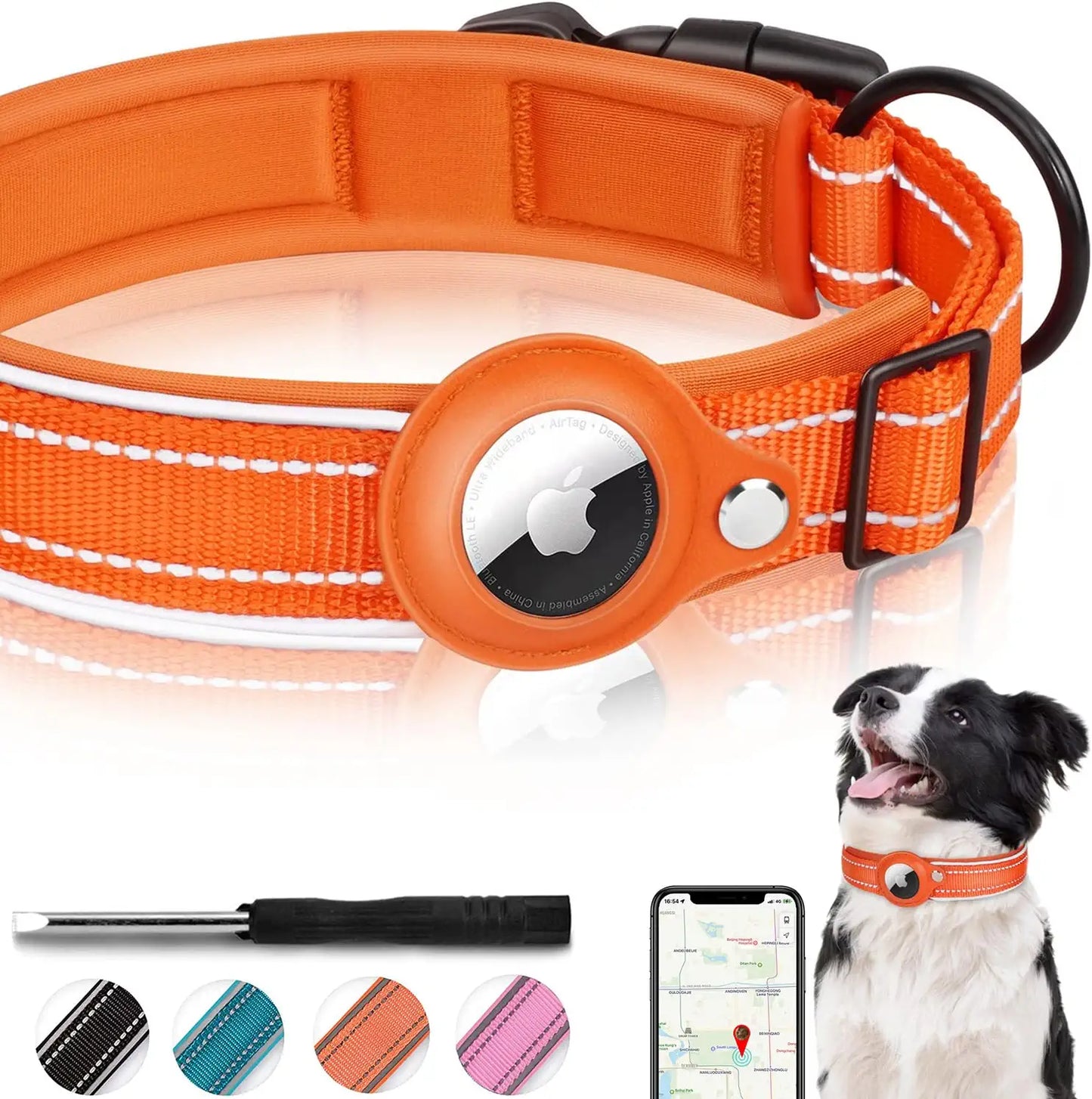 Reflective Airtag Dog Collar, FEEYAR Padded Apple Air Tag Dog Collar, Heavy Duty Dog Collar with Airtag Holder Case, Adjustable Air Tag Accessories Pet Collar for Small Medium Large Dogs Electronics > GPS Accessories > GPS Cases FEEYAR Orange XL（19"-22"） 