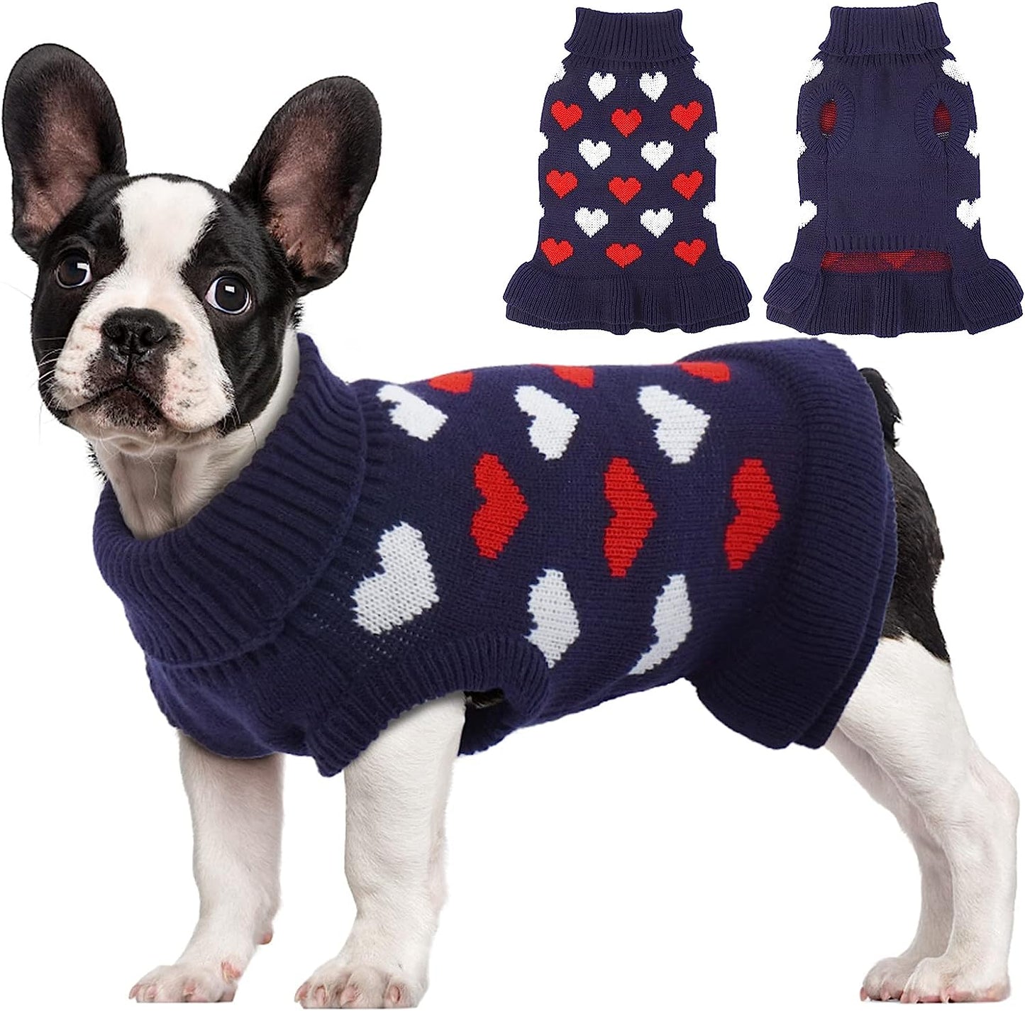 Kuoser Dog Sweater, Knitwear Turtleneck Winter Warm Puppy Clothing, Heart Pullover Pet Coat Cute Dog Sweater Dress for Small & Medium Dogs Cats with Leash Hole Xs-Xl(Green,Xl) Animals & Pet Supplies > Pet Supplies > Dog Supplies > Dog Apparel Kuoser Red Large (Chest Girth: 20.9'') 