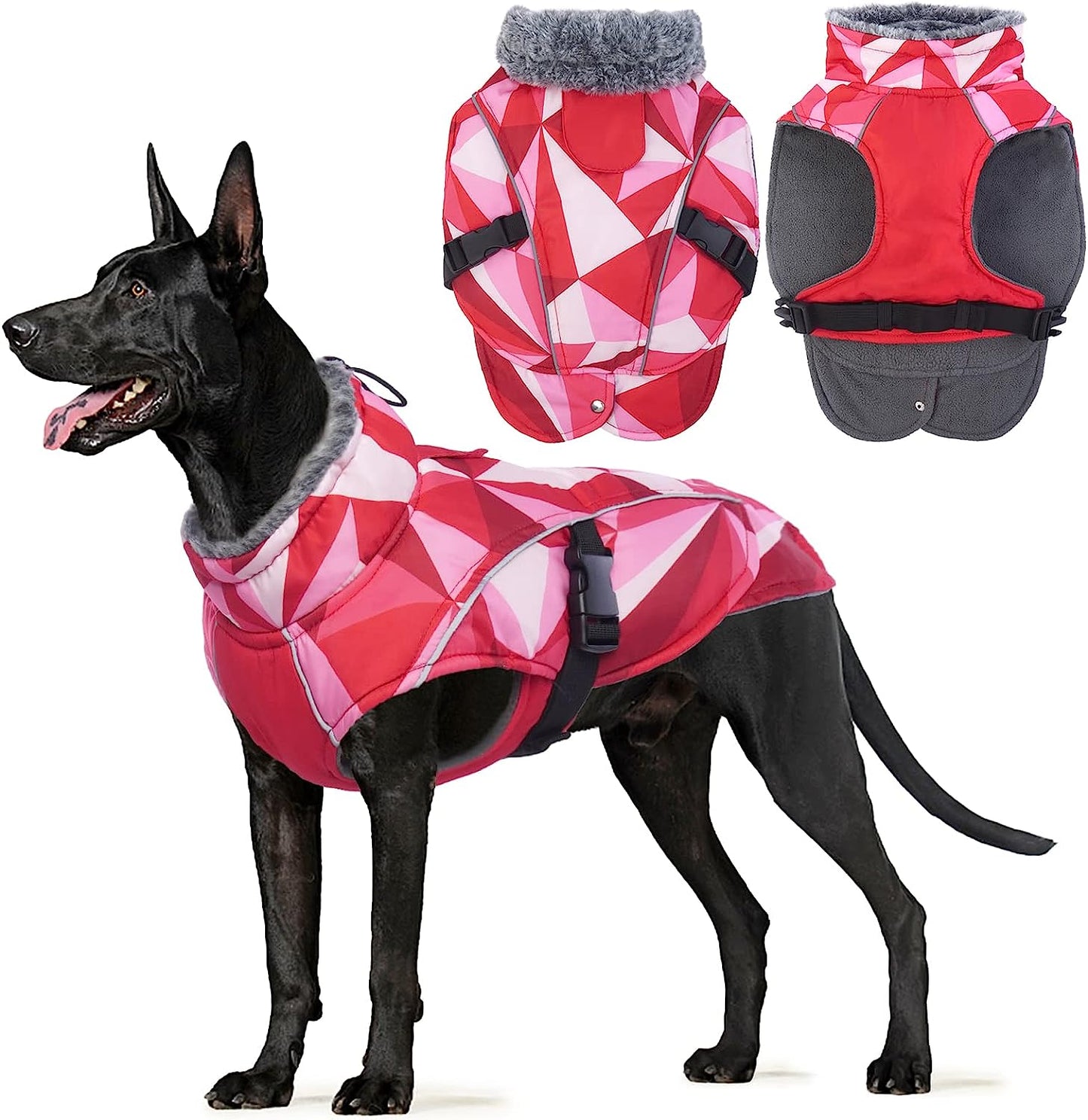 FUAMEY Dog Cold Weather Jacket,Dog Winter Coat with Fur Collar Pet Windproof Warm Vest Doggie Reflective Apparel Small Medium Large Paded Dog Clothes with Leash Hole Thick Dog Fleece Outdoor Coats Animals & Pet Supplies > Pet Supplies > Dog Supplies > Dog Apparel FUAMEY triangle XX-Large(chest:30-35in） 