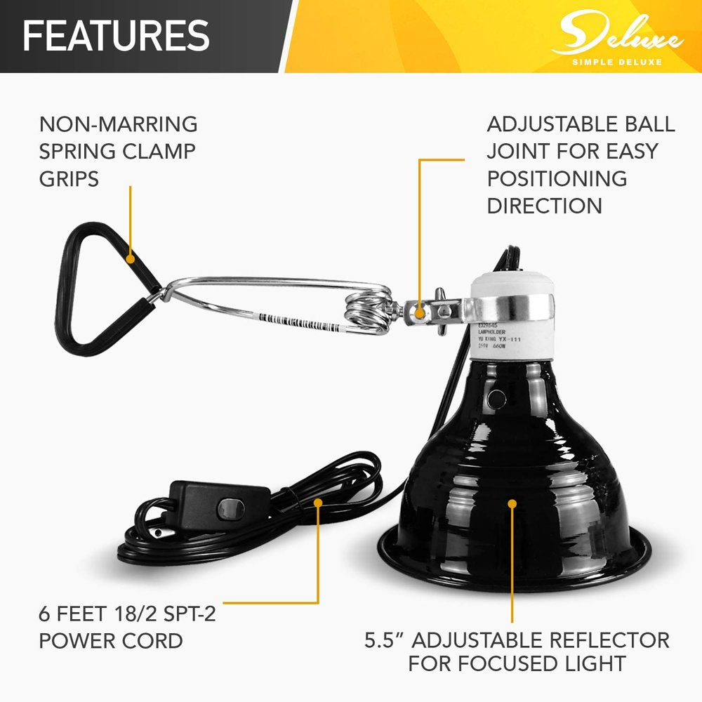 Simple Deluxe Reptile Dome Light Clamp Lamp Fixture with 5.5‘’ Aluminum Reflector for Amphibian Pet Terrariums Habitat, No Bulb Included, Black