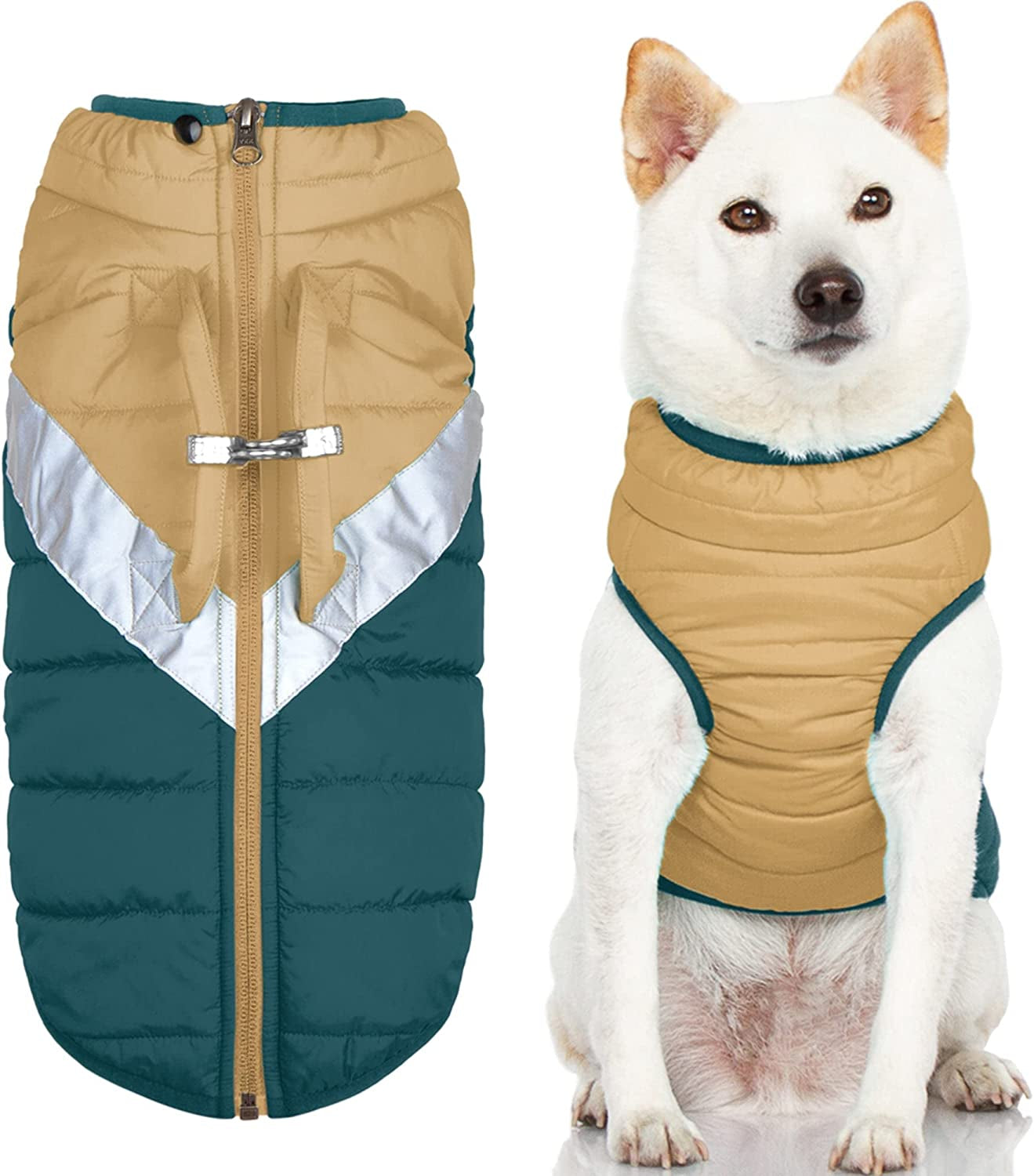 Gooby Mountaineer Dog Jacket - Jade, Medium - Warm Zip up Coat with Lift Handle and Dual O Ring Leash - Winter Water Resistant Small Dog Sweater - Dog Clothes for Small Dogs and Medium Dogs Animals & Pet Supplies > Pet Supplies > Dog Supplies > Dog Apparel Inafiction USA, Inc. dba Gooby Pet Fashion Sand Large chest (20.25") 