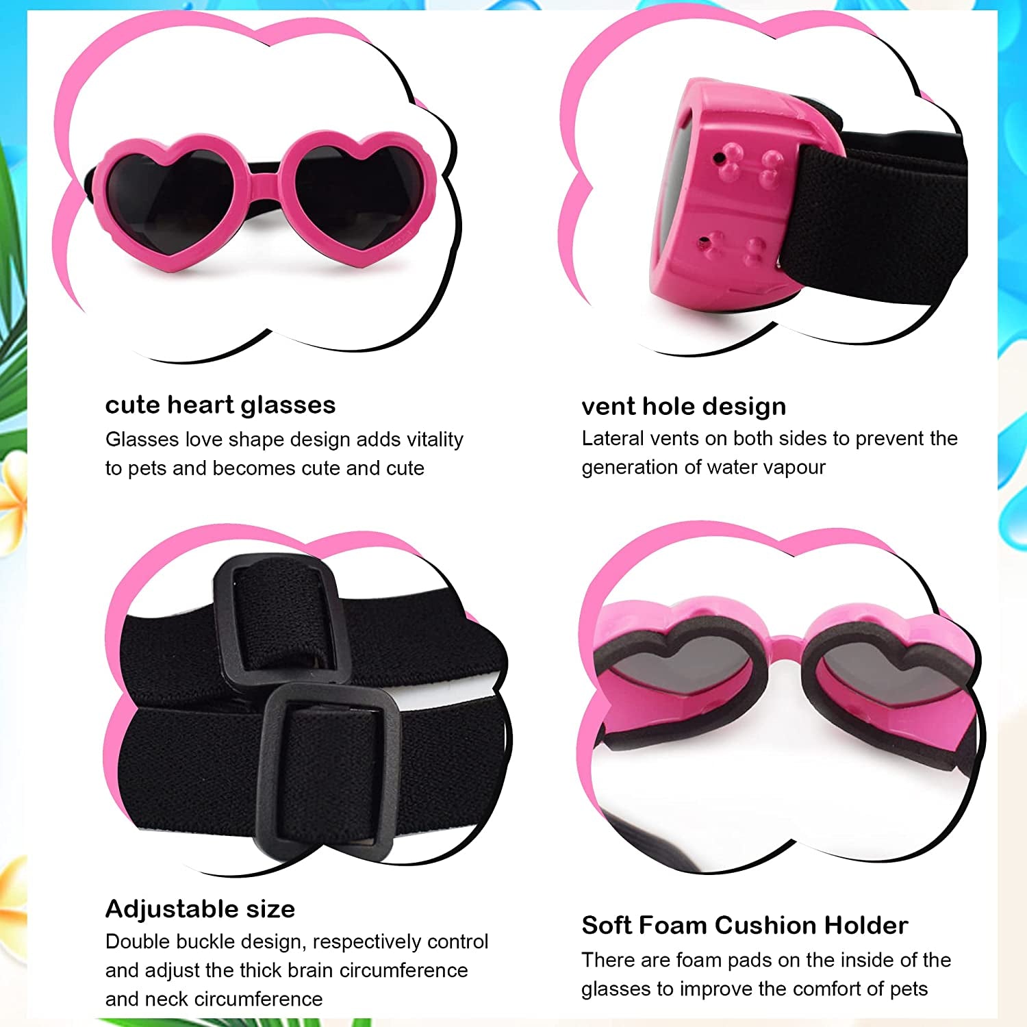 IKUSO Dog Sunglasses Small Breed,Uv Protection Dog Sunglasses with Adjustable Strap, Heart Dog Goggles for Waterproof Windproof Anti-Fog Eye Protection,Beach Accessories for Puppy (Pink) Animals & Pet Supplies > Pet Supplies > Dog Supplies > Dog Apparel ikuso   