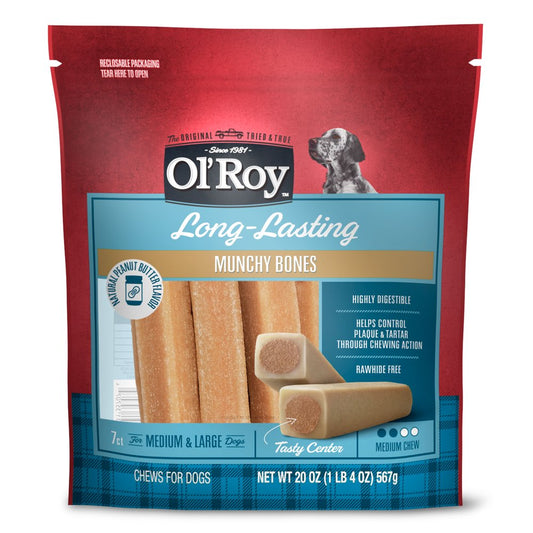 Ol' Roy Long-Lasting Natural Peanut Butter Flavor Munchy Bones Chews for Dogs, 7 Count, 20 Oz
