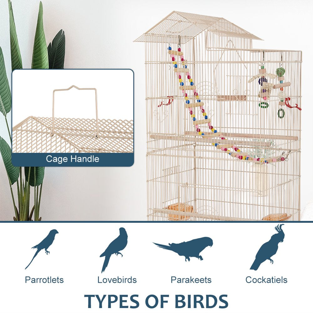 Dkelincs 39 Inch Big Birdcage Study Parakeet Cage Aviary with Accessories Roof Top Flight Parrot Cage with Ladder & Swing for Parakeet, Cockatiels, Parrots, Almond Animals & Pet Supplies > Pet Supplies > Bird Supplies > Bird Cage Accessories Dkeli   