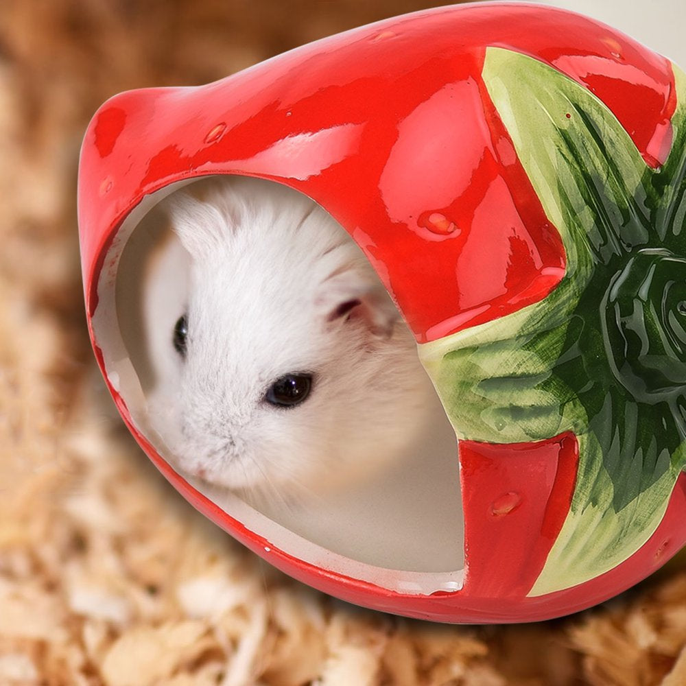 Doolland Ceramic Cartoon Strawberry Shape Hamster House Home, Summer Cool Small Animal Pet Nesting Habitat Cage Accessories