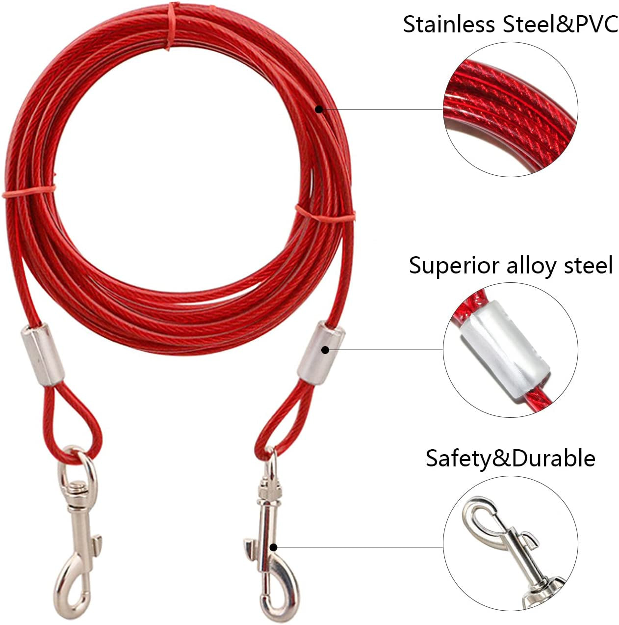 15Ft Dog Cable,Dog Tie Out Cable up to 125 Pounds,Dog Runner for Yard, Tie Out Cable for Dogs for Camping,Hiking,Running,Parks(Red) Animals & Pet Supplies > Pet Supplies > Dog Supplies > Dog Apparel NEODIKO-15   