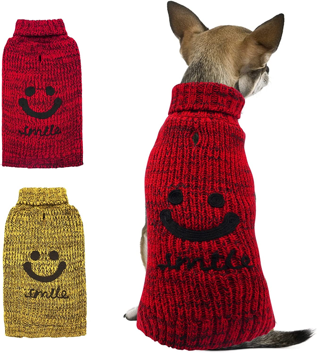 KYEESE Dog Sweater Turtleneck Smile Face Dog Knitwear with Leash Hole for Small Dogs Pet Sweater,Red,M Animals & Pet Supplies > Pet Supplies > Dog Supplies > Dog Apparel kyeese (Smile) Red XX-Large (35-55lbs) 