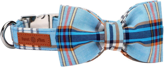 Lionet Paws Boy Dog Collar with Bowtie, Comfortable Adjustable Cute Blue Plaid Bow Tie Collar for Male Dogs Gift, Small, Neck 10-16 Inches Animals & Pet Supplies > Pet Supplies > Dog Supplies > Dog Apparel lionet paws Blue Grid Large (Pack of 1) 