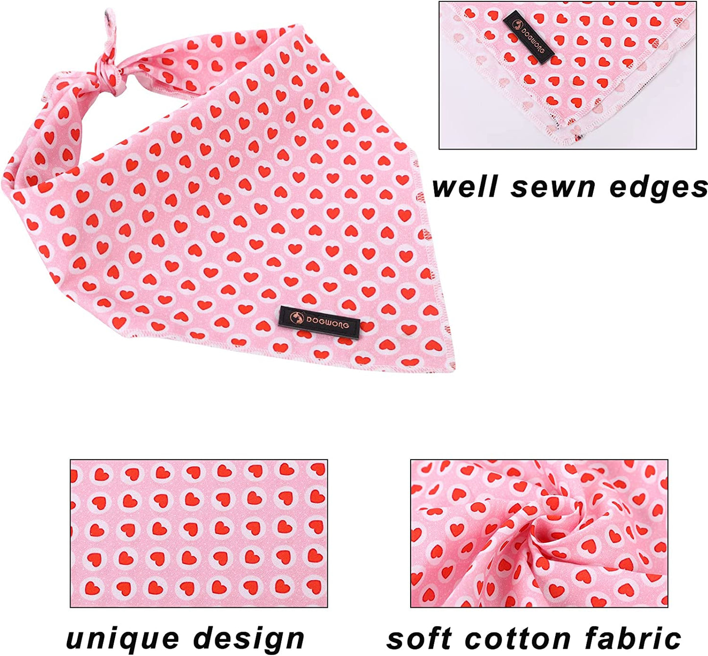 DOGWONG Valentine Dog Bandana, Cotton Washable Soft Dog Scarf Holiday Pink Heart Dog Bib Scarf Boy Girl Bandana Square Adjustable Dog Bandanas for Small Medium Large Dogs Animals & Pet Supplies > Pet Supplies > Dog Supplies > Dog Apparel DOGWONG   