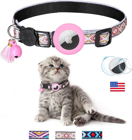 Tom & Spike- Airtag Cat Collar with Bell Adjustable Breakaway Kitten Collars:- Safety Buckle and Silicone Air Tag Holder Case Compatible with Apple Airtag Geometric Pattern Pet Collar