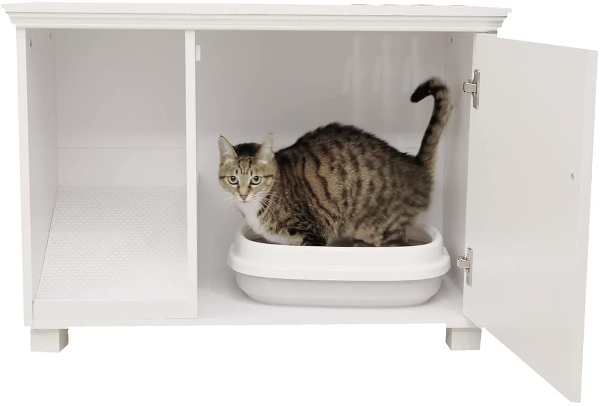 EXTFIT Cat Washroom Storage Bench Cat Litter Box Enclosure Furniture, White