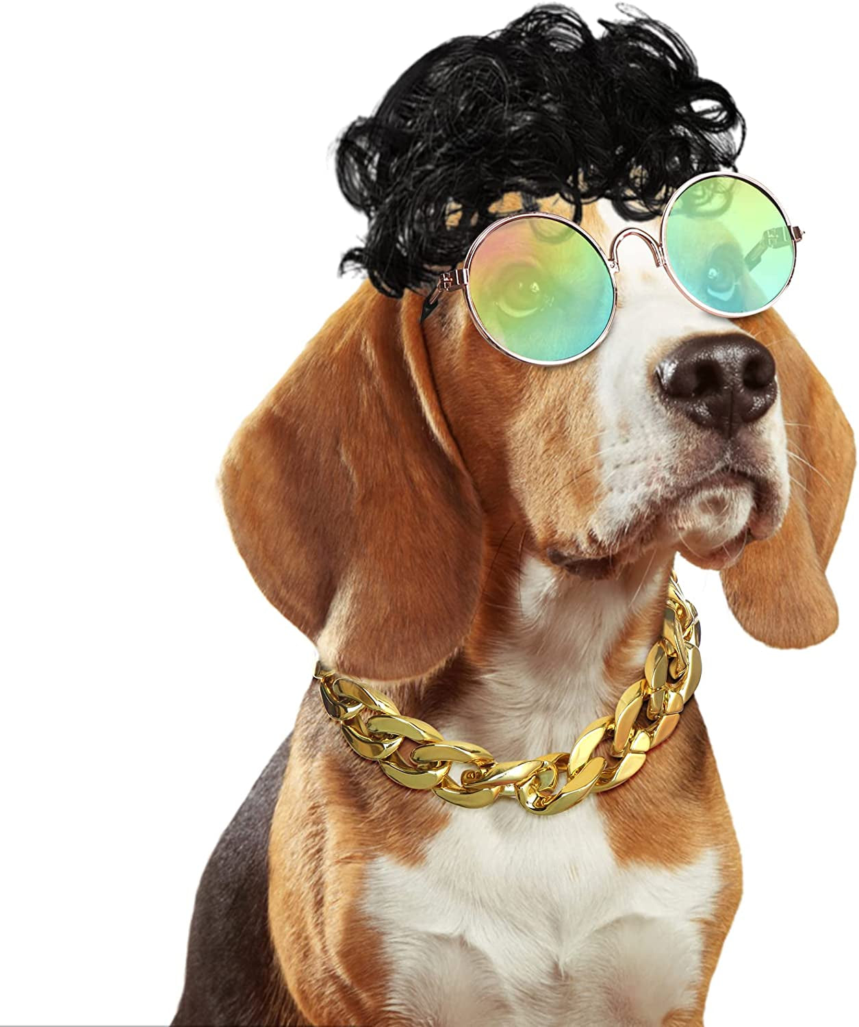 3 Pieces Dog Cosplay Wig, Cat Wigs, Dog Cosplay Costumes Accessories Include 3 Pieces Retro Pet round Sunglasses and 1 Pieces Dog Chain Necklace, Classic Funny Pet Accessories for Holiday Party Decor Animals & Pet Supplies > Pet Supplies > Dog Supplies > Dog Apparel LETA   