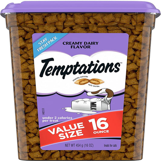 TEMPTATIONS Classic Crunchy and Soft Cat Treats, 16 Oz., Pouches and Tubs. Creamy Dairy Flavor