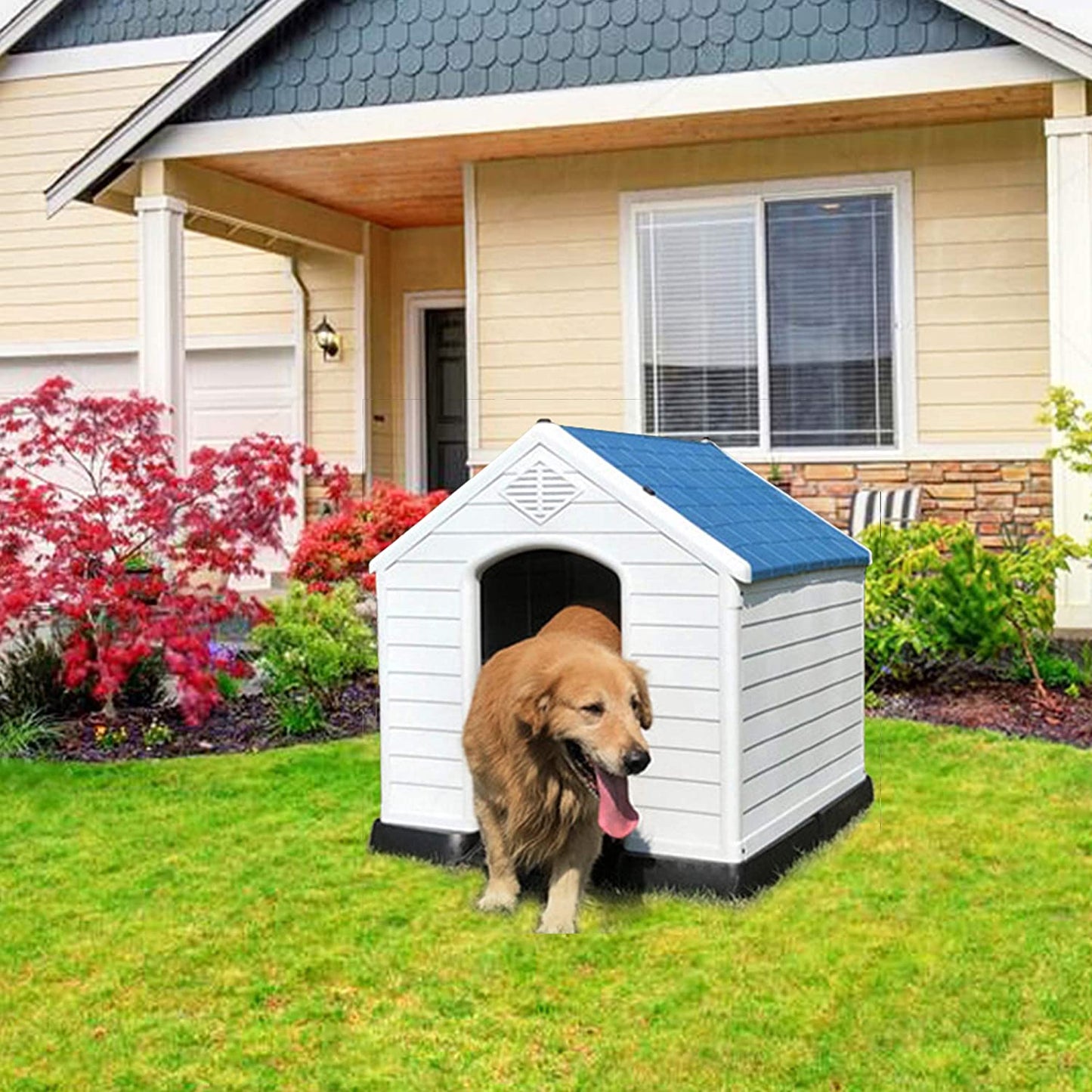 EXTFIT Plastic Dog House - Water Resistant Dog Kennel for Small to Medium Sized Dogs All Weather Indoor Outdoor Doghouse Puppy Shelter