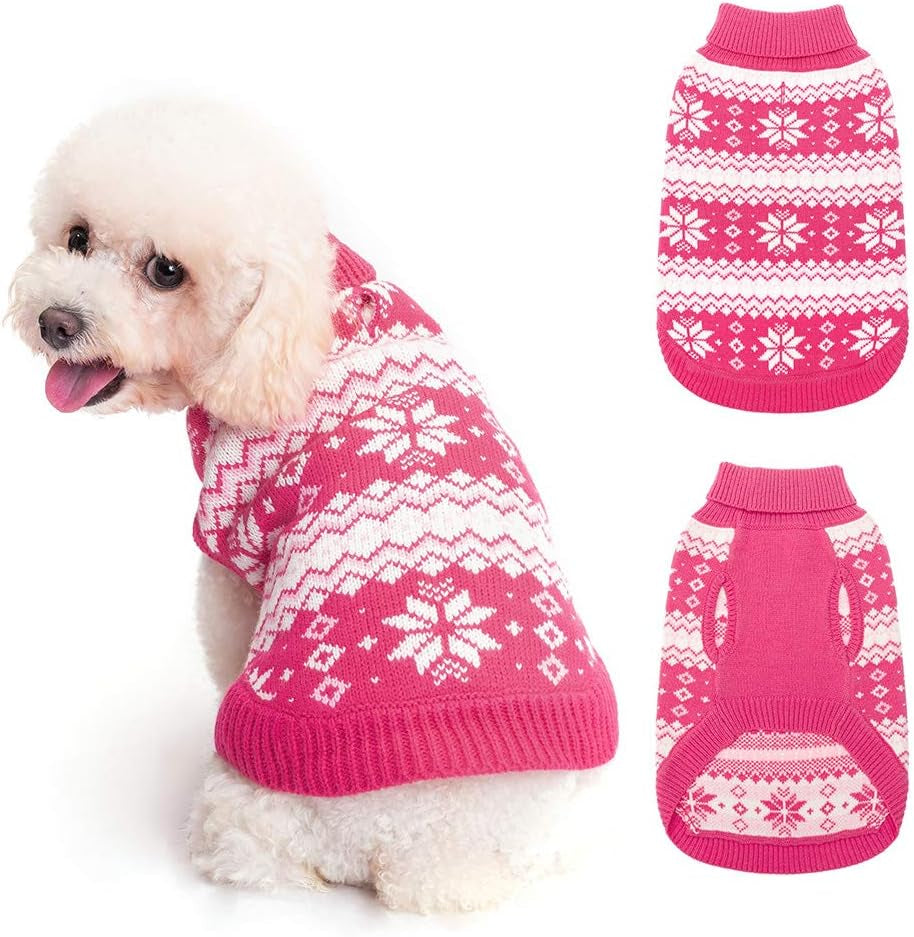 Cable Knit Dog Sweater Turtleneck, Warm & Comfortable Dog Cold Weather Clothes with Snowflake Pattern, Classic Knitwear Dog Winter Coat Outfits for Small Medium Large Dogs Animals & Pet Supplies > Pet Supplies > Dog Supplies > Dog Apparel KOOLTAIL Pink S/M 