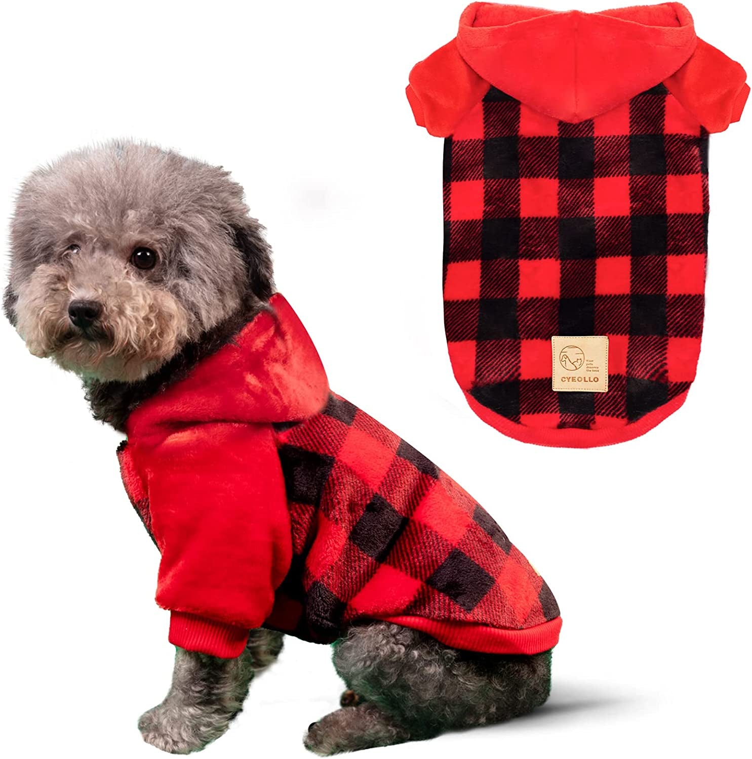 Cyeollo Dog Sweatshirt Christmas Buffalo Plaid Dog Clothes Flannel Cold Weather Coats for Small to Medium Dogs Apparel Animals & Pet Supplies > Pet Supplies > Dog Supplies > Dog Apparel cyeollo With Hat (Red） Small 