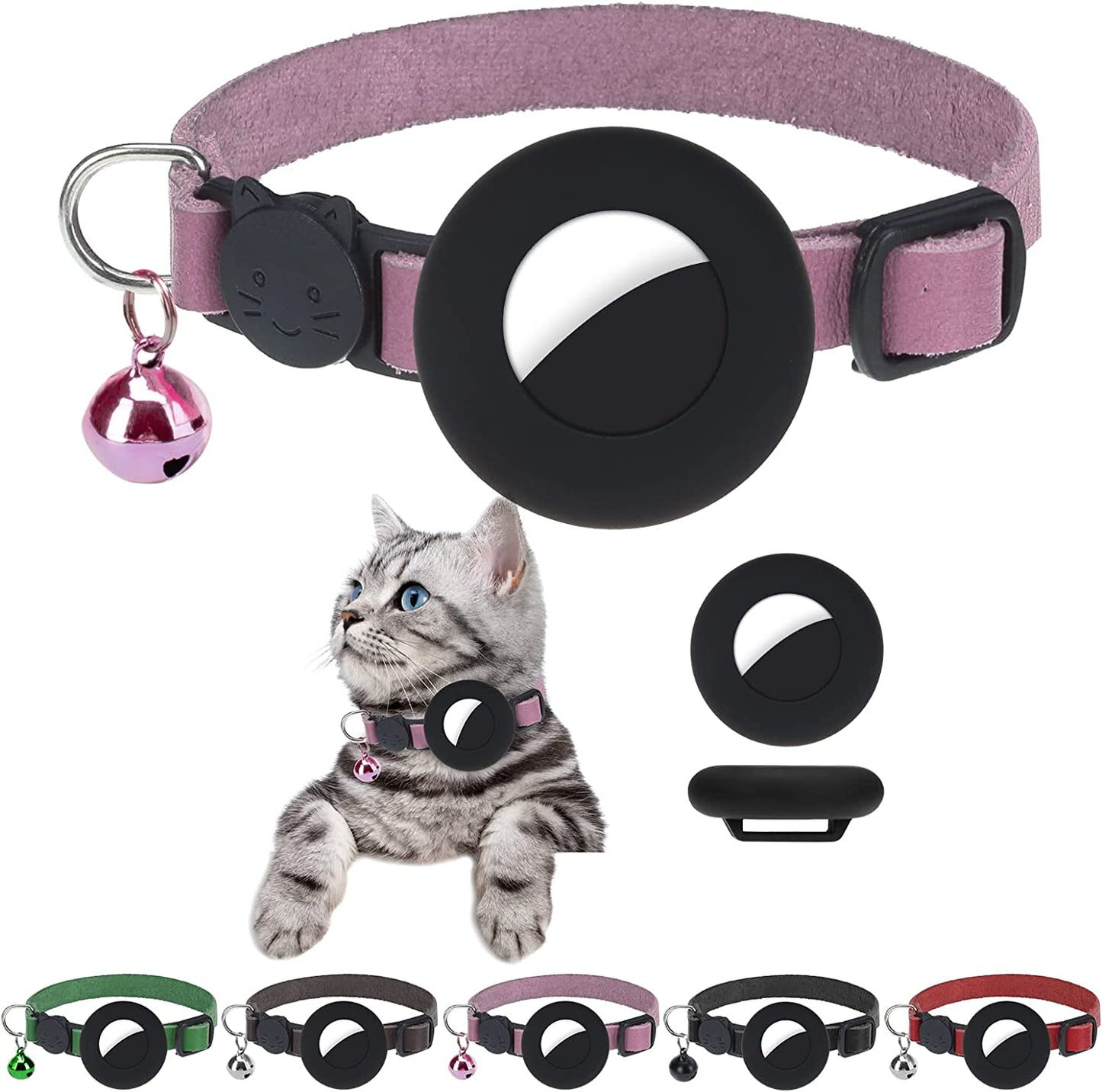 DILLYBUD Airtag Cat Collar Holder 2 Pack Reflective Air Tag Cat Collars Breakaway with Bell, Silicone Waterproof Airtag Case Compatible with Apple Airtag for Small Pets Puppy Kitten Electronics > GPS Accessories > GPS Cases DILLYBUD Light Pink Leather 