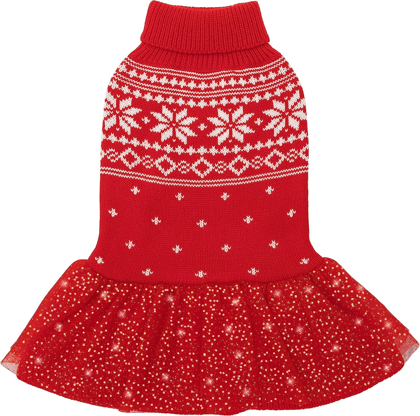 JVVGPET Christmas Dog Sweater Dress for Small Dog - Warm Winter Turtleneck Pullover Knitwear Dog Clothes with Leash Hole - Snowflake Pattern Cute Holiday Party Daily Wear Dog Puppy Sweater(Xxs) Animals & Pet Supplies > Pet Supplies > Dog Supplies > Dog Apparel JVVGPET XS: neck 10"-12" chest 14"-16"  