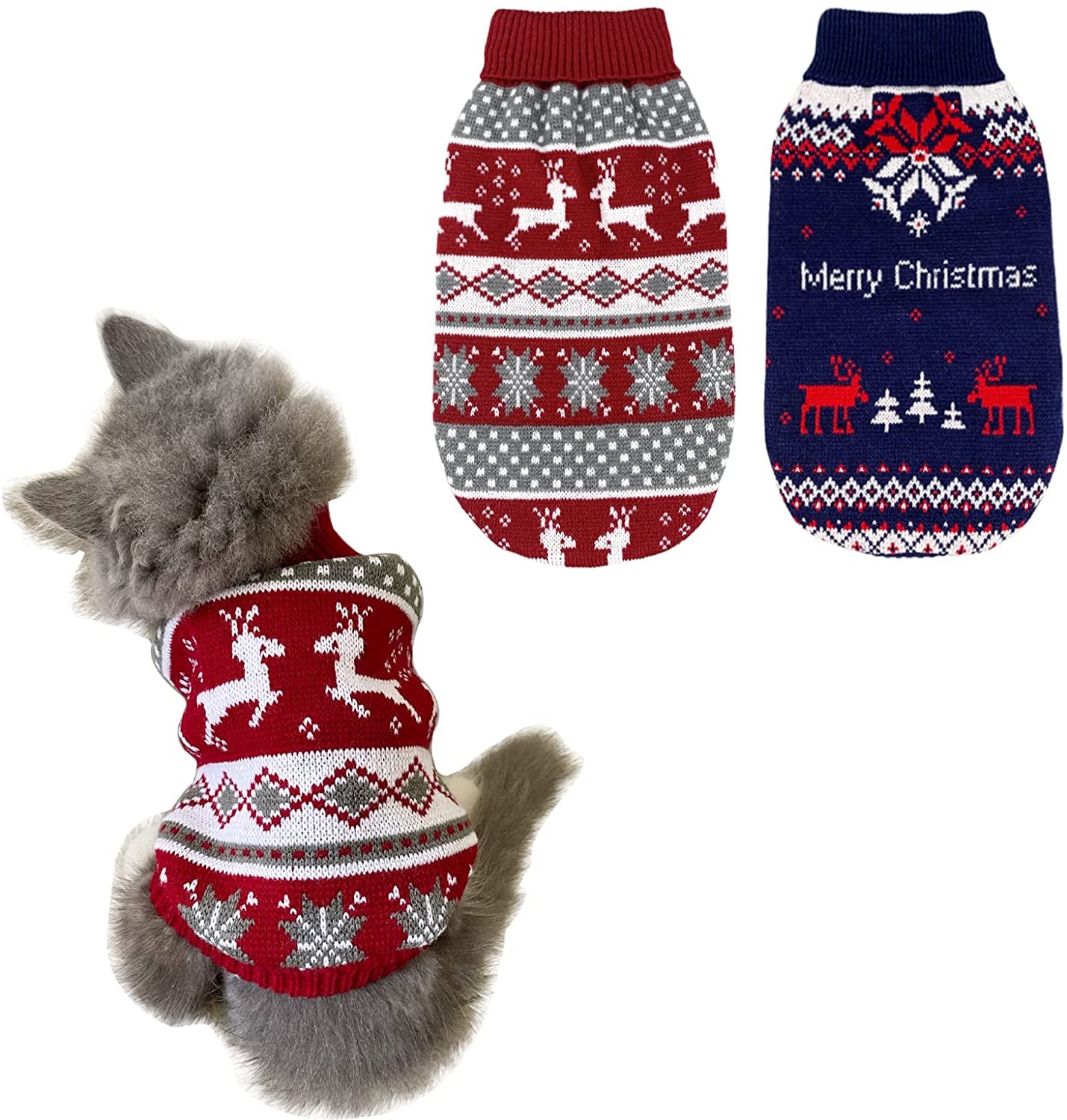 Cooshou 2Pcs Dog Christmas Sweater Cat Christmas Sweater Cat Dog Knitwear Sweater Xmas Pet Clothes Winter Warm Reindeer Snowflake Merry Christmas Cat Sweaters for Small Medium Cats Dogs M Animals & Pet Supplies > Pet Supplies > Dog Supplies > Dog Apparel CooShou XX-Small  