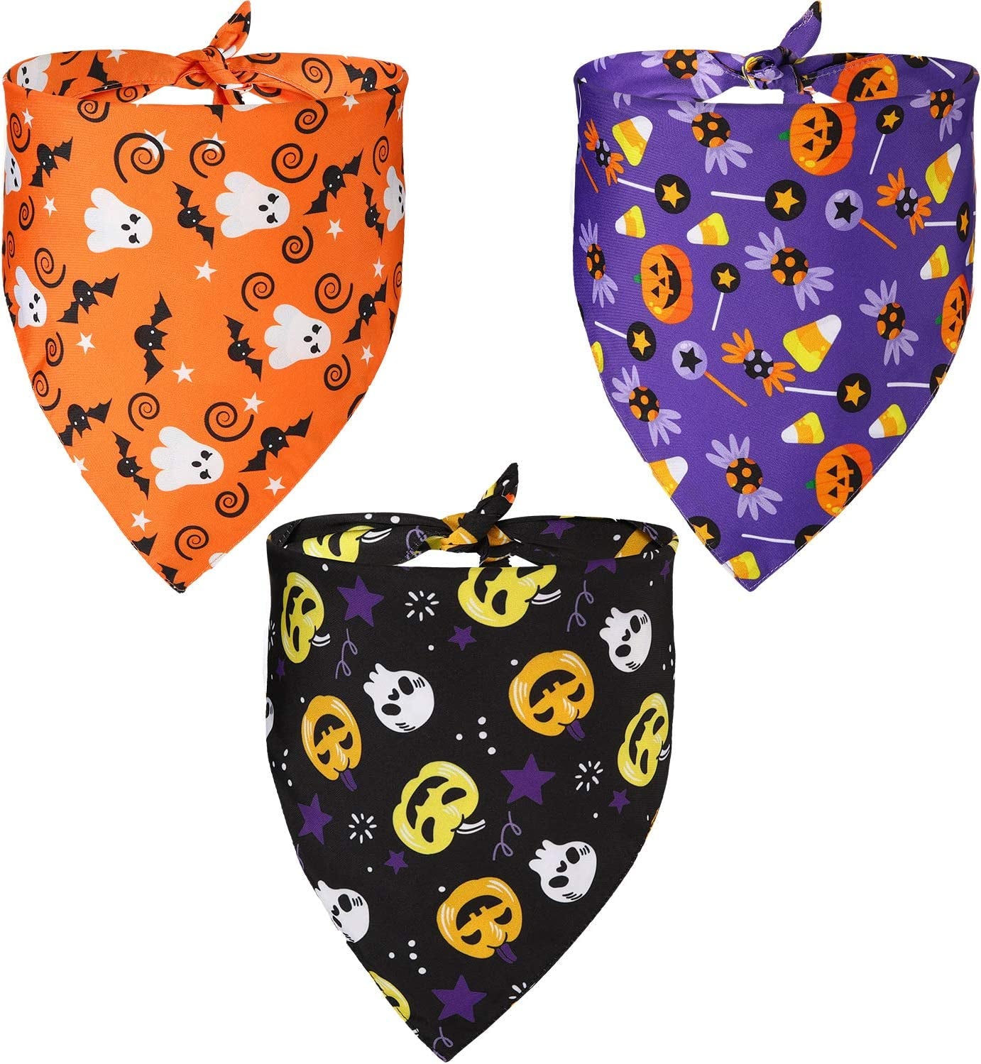 Weewooday 3 Pieces Halloween Dog Bandanas Reversible Dog Scarf Washable Triangle Pet Bibs Soft Pet Neckerchief Including Pumpkin Ghost Candy Bat Pattern Animals & Pet Supplies > Pet Supplies > Dog Supplies > Dog Apparel Weewooday   