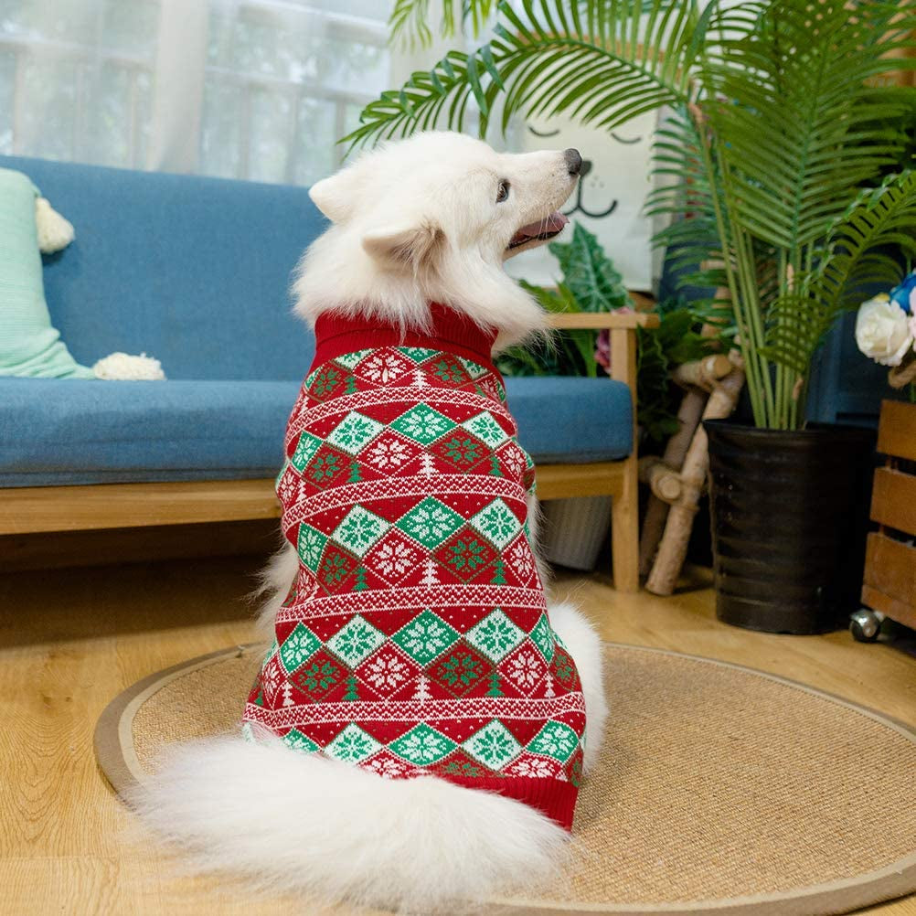 PAWCHIE Dog Sweater - Warm and Soft Winter Knitted Turtleneck Red New Year Rhombus and Snowflake Patterns Cold Weather Dog Coat, Holiday Pet Sweaters for Small Medium Large Dogs Animals & Pet Supplies > Pet Supplies > Dog Supplies > Dog Apparel PAWCHIE   