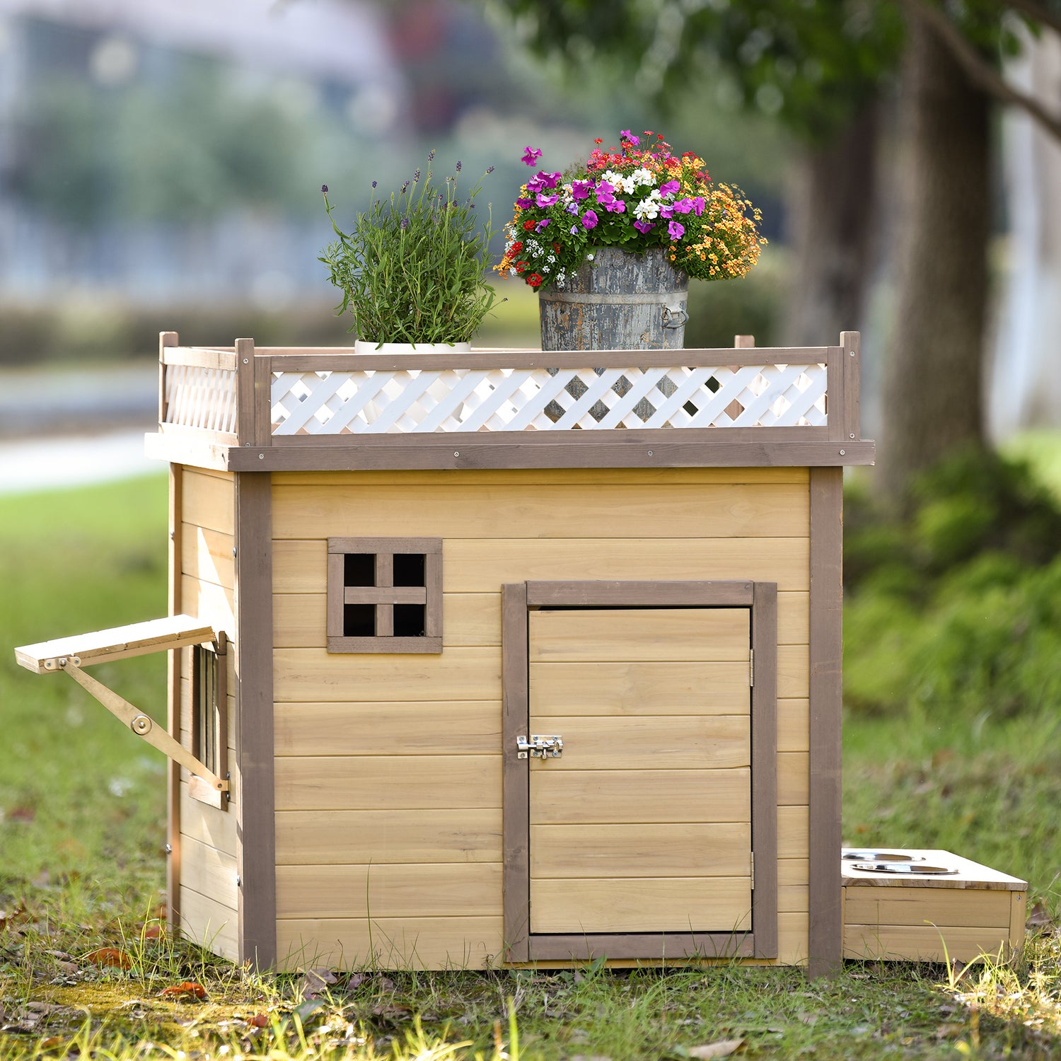 Atotoa 31.5" Wooden Dog House Puppy Shelter Kennel Outdoor & Indoor Dog Crate, with Flower Stand, Plant Stand, with Wood Feeder Animals & Pet Supplies > Pet Supplies > Dog Supplies > Dog Houses Atotoa   