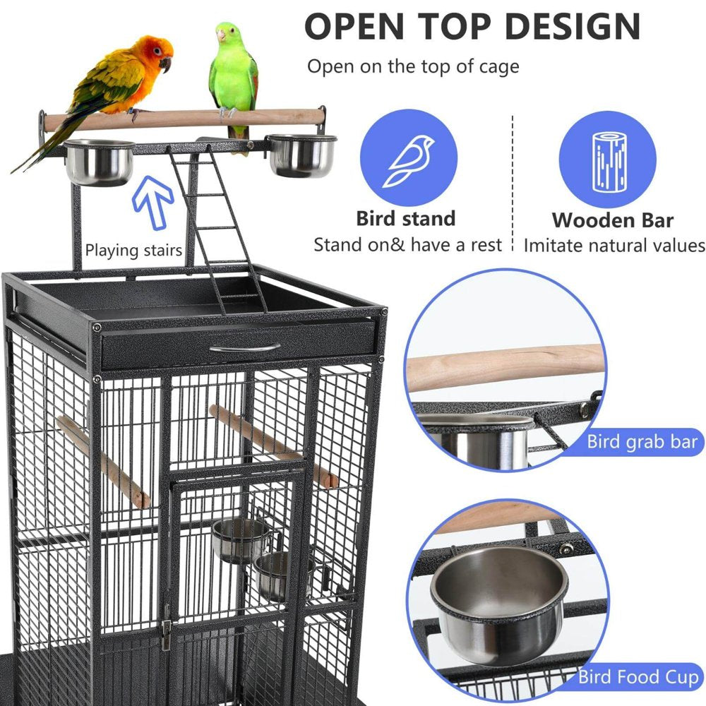 Niamvelo 61’’Large Iron Birdcage Wrought Parrot Cage with Play Top and Rolling Stand for Parakeets and Lovebirds,Black Animals & Pet Supplies > Pet Supplies > Bird Supplies > Bird Cages & Stands NiamVelo   