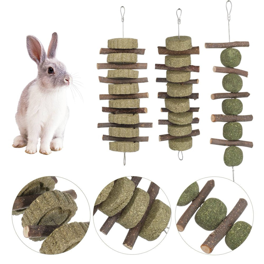 Taihexin 3PCS Bunny Chew Toys for Teeth Grinding, Improve Dental Health, 100% Natural Apple Wood Sticks Timothy Grass Cake Treats for Rabbits Hamsters Guinea Pigs Chinchillas