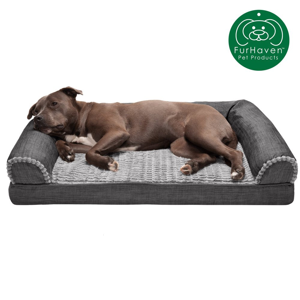 Furhaven Pet Products | Memory Foam Luxe Fur & Performance Linen Sofa-Style Couch Pet Bed for Dogs & Cats, Woodsmoke, Large Animals & Pet Supplies > Pet Supplies > Cat Supplies > Cat Beds FurHaven Pet Orthopedic Foam L Charcoal